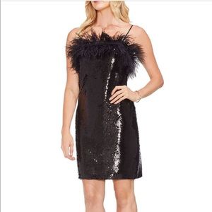 New Vince Camuto black sequin ostrich Feather dress Size 14 ($250 Retail).